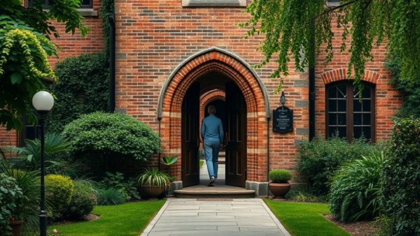 Historic Bath North Carolina brick building with visitor entering.