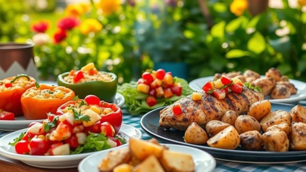 Vibrant summer grilling recipes: stuffed peppers, grilled chicken with salsa, and roasted potatoes.