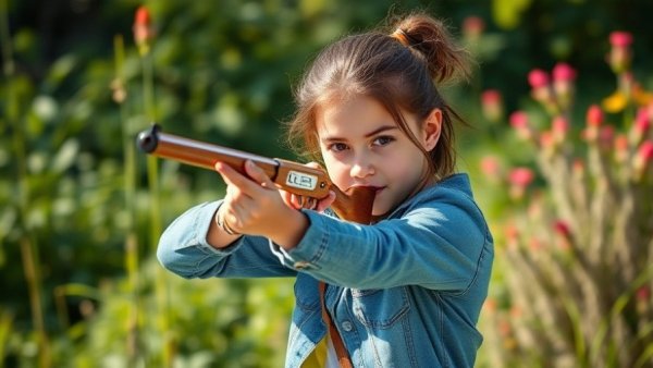 Modern tomboy chic look, girl with slingshot in outdoors.