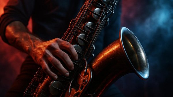 Close-up of saxophonist's hand playing under red and blue lights at Satchmo SummerFest.