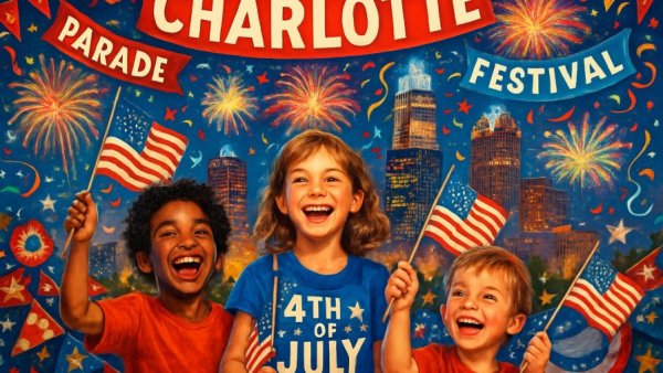 Charlotte 4th of July festivities with fireworks, flags, and parades.