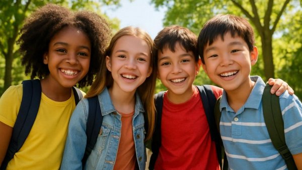 Cheerful school children in New Orleans outdoor setting