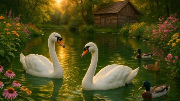 Picturesque pond scene with swans, ducks, and wooden lodge in Halifax County