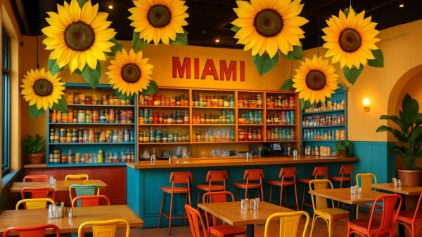 Vibrant new restaurant in Miami, sunflower decor
