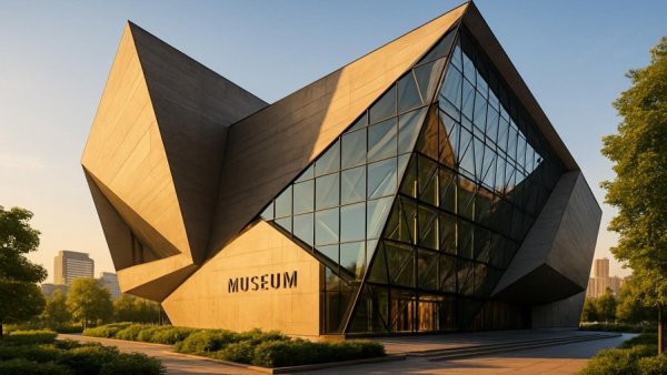 Modern museum building in Atlanta with glass facade, urban background
