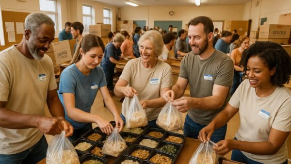 Charlotte meal packing event with volunteers at community center.
