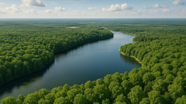 Aerial view of Gaston County Park Lake Wylie with lush forest.