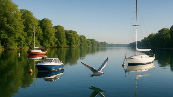 Scenic lake view with boats and bird in Mooresville NC
