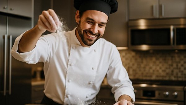 Chef sprinkling flour in a New Orleans kitchen, summer promotion theme.