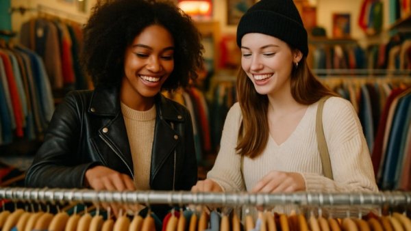 Women shopping in Houston thrift stores, selecting clothes.