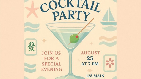 Miami events tonight flyer with martini glass and details.