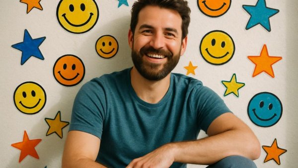 Nashville volunteer opportunities: smiling man with name tag and decorative elements.