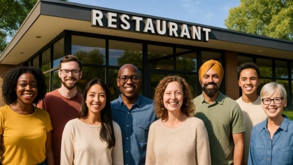 Group in front of a modern restaurant in Nashville.