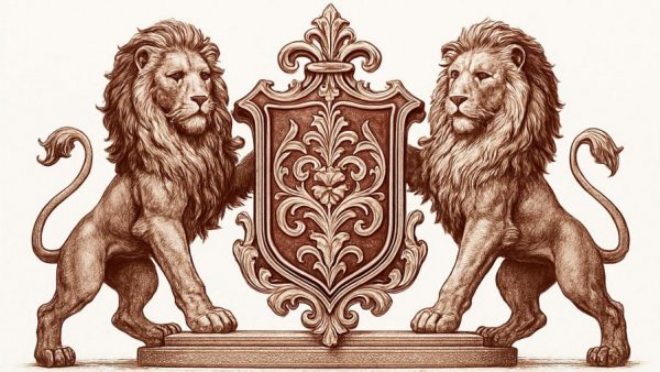 Heraldic emblem with lions and shield in red.