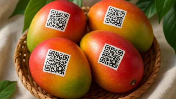 Mangos with QR codes, showcasing a culinary scene in Miami.