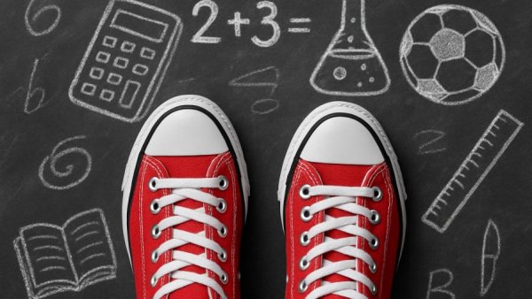 Illustrative chalkboard with red sneakers and school doodles, Atlanta free back to school events.