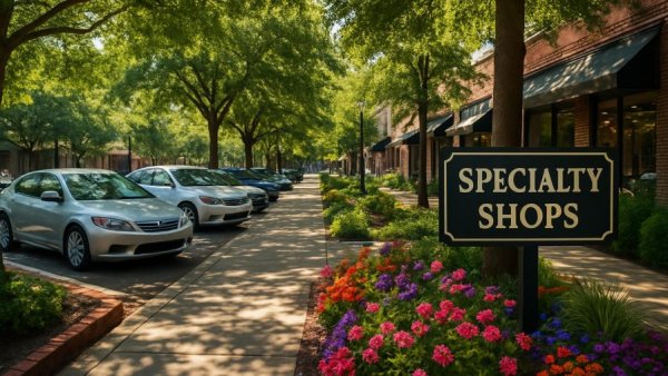 Luxury shopping in Charlotte with shaded parking and specialty shops.