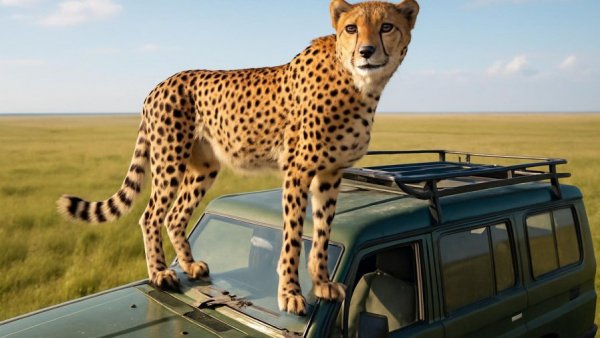 Cheetah perches on safari vehicle at Nashville Zoo event.