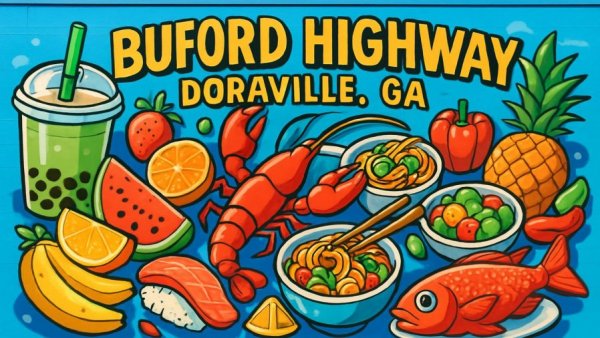 Buford Highway culinary scene vibrant mural showcasing diverse foods.
