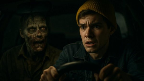Intense scene from Resident Evil film review with a man and zombie in a car.
