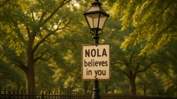 New Orleans park with vintage lamp and motivational sign