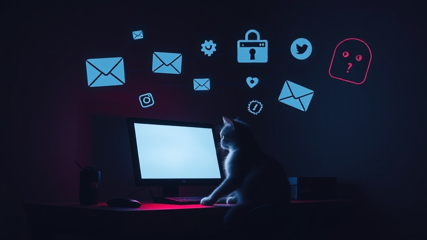 A vulnerable cat at a computer, surrounded by digital threats, illustrating AI ethics implications.