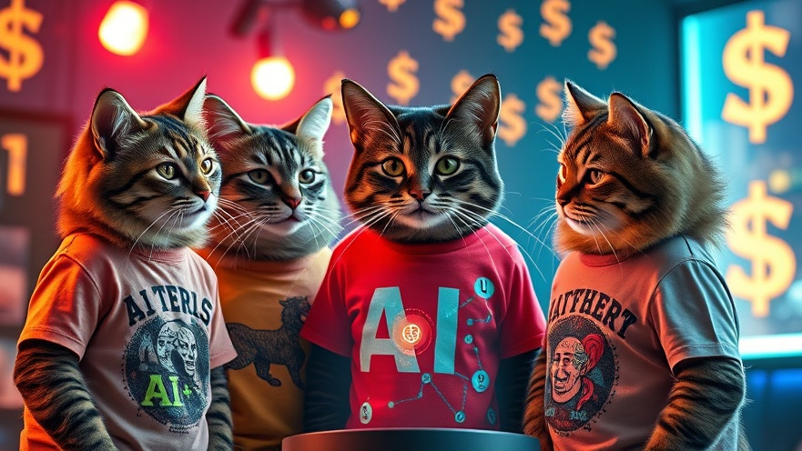 Young entrepreneurial cats in hipster shirts discussing AI insights with a holographic display.