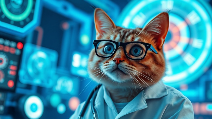 A cat in a lab coat explains AI concepts with vibrant futuristic tech.