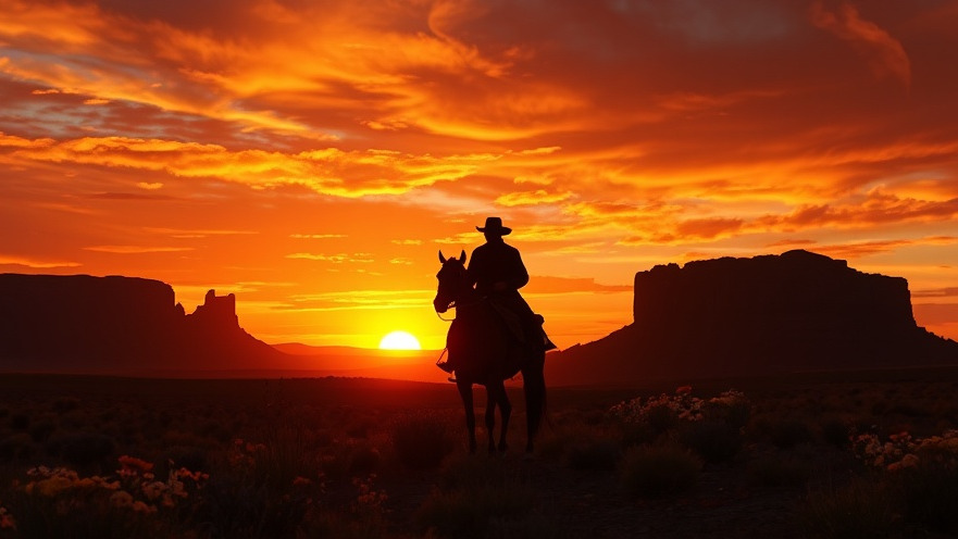 A cowboy silhouette against a sunset in a rugged Western landscape, embodying American history.