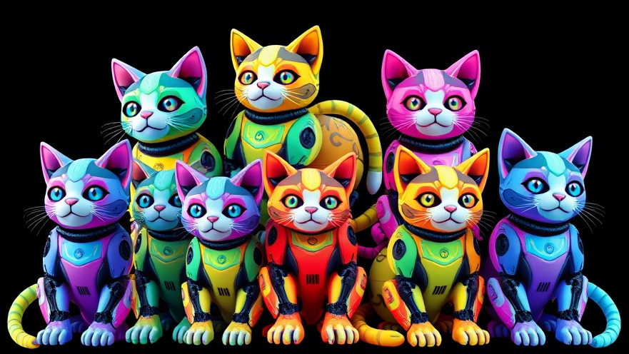 Vivid multi-color robot cats illustrating basics of AI programming on a simple black background.