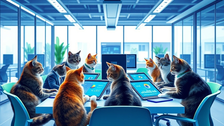 Modern office with cats discussing AI-powered tools and productivity.