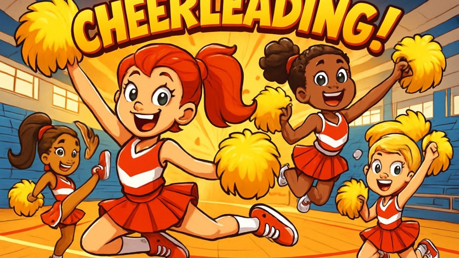 Vibrant flyer promoting cheer clinics Miami, featuring young cheerleaders in action.