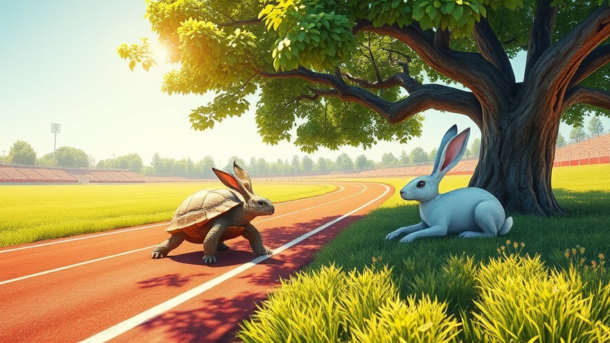Paleolithic storytelling: Tortoise and hare race, showcasing strategy in vibrant colors.