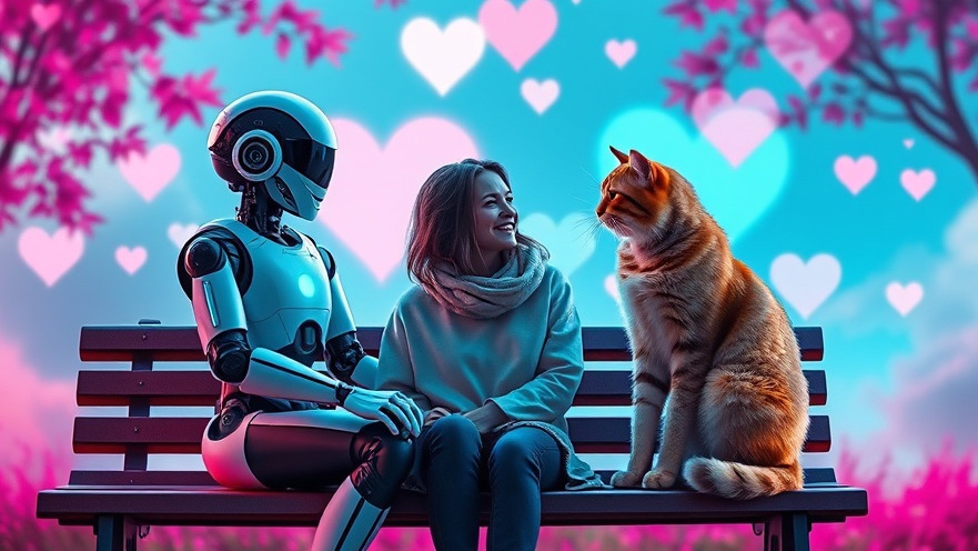 A woman shares laughter with an AI robot and a cat, highlighting AI relationships.