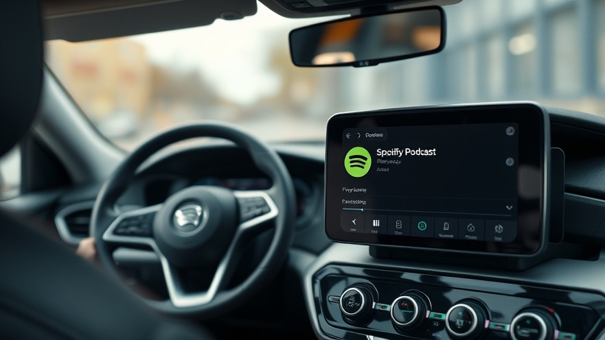 Modern car interior showcasing next-gen technology with Spotify podcast interface.