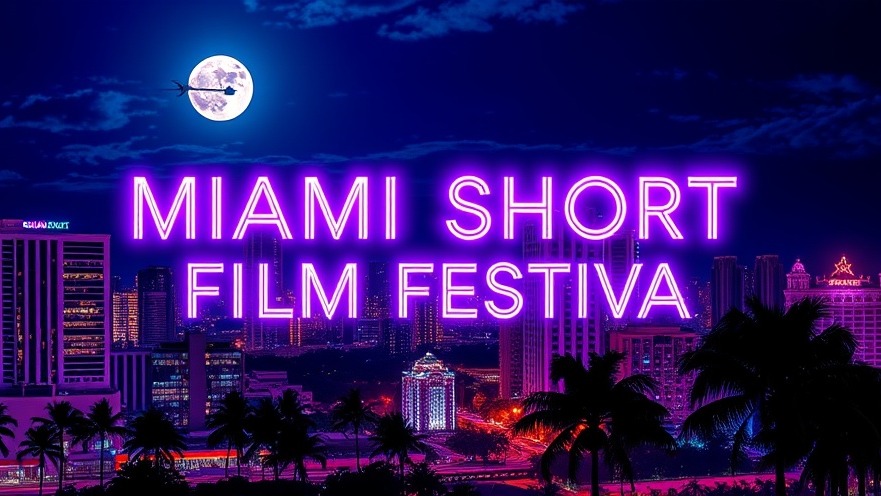 Vibrant Miami skyline at night promoting Miami film festivals with neon text.