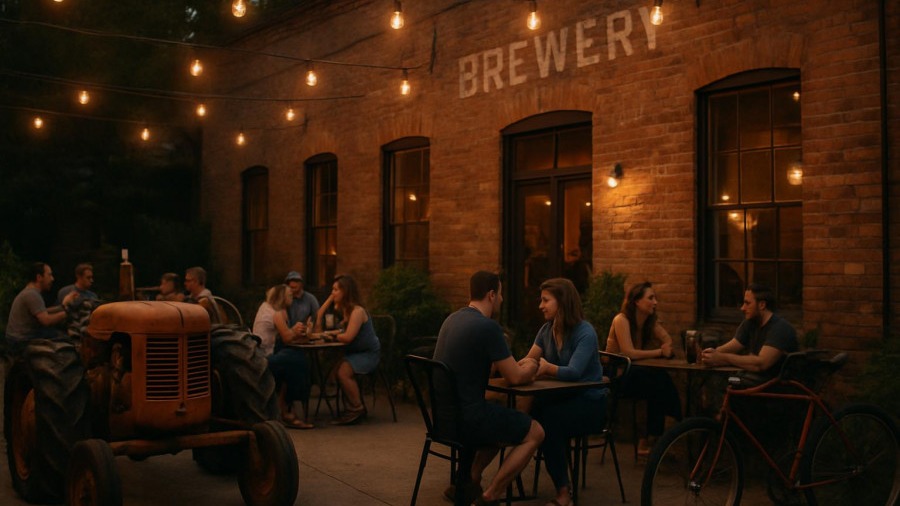 Casual patrons enjoying free events in Charlotte NC at a rustic brewery.