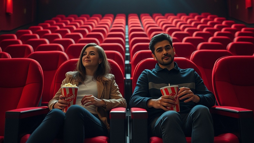 People enjoying popcorn in red cinema chairs at an empty theater, showcasing atlanta cheap things to do.