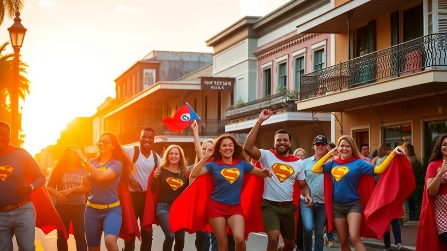 Colorful New Orleans superheros celebrate Crescent City culture in vibrant street scene.