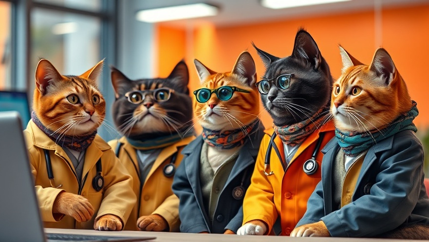 Cats in professor outfits discussing AI education in a vibrant, modern workspace.