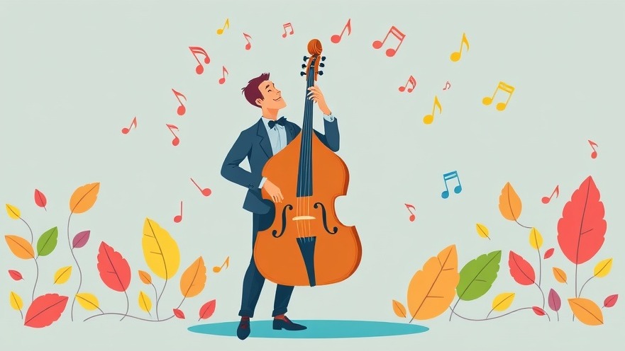Whimsical poster for South Florida arts events featuring a man with a double bass.