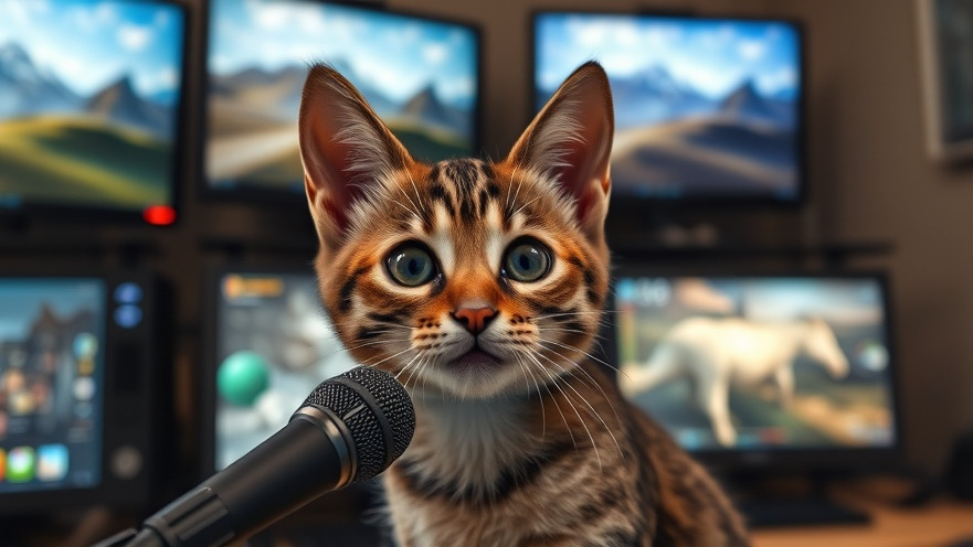 Young cat with microphone, exploring AI in art among computer screens.
