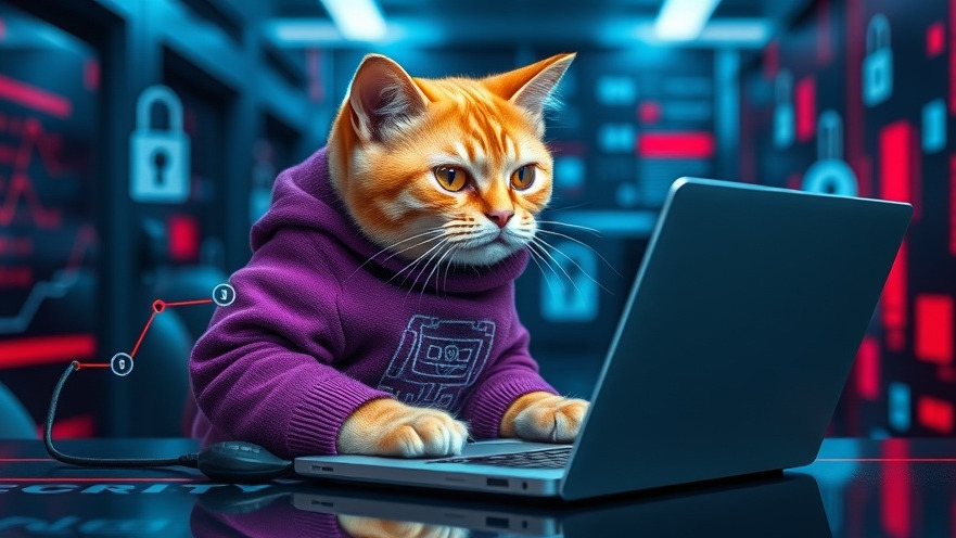 Concerned yellow cat in a purple sweater studies digital security AI on laptop.