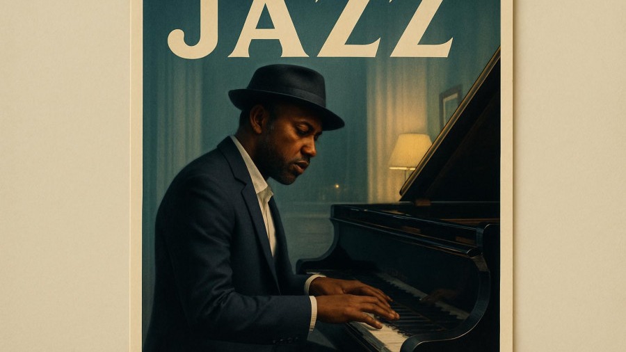 Elegant jazz piano performance poster for Miami live music events.