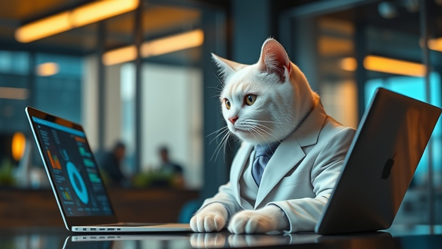 A concerned white cat in a power suit studying AI concepts on a laptop.