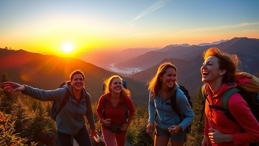 Hikers enjoying outdoor activities at Trailborn Highlands, North Carolina, during sunset.