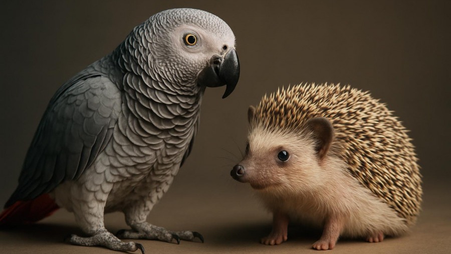 Photorealistic African gray parrot and hedgehog, perfect for Charlotte family activities.