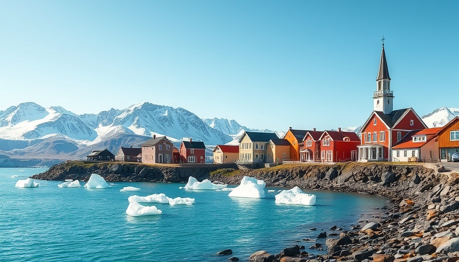 Greenland village with colorful buildings and floating ice.