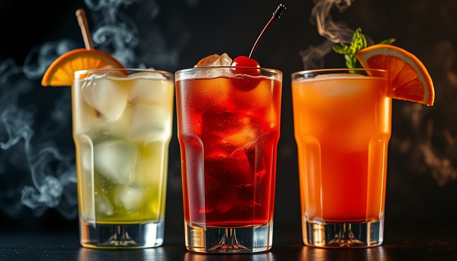 Vibrant smoked cocktails with citrus and cherry garnish.