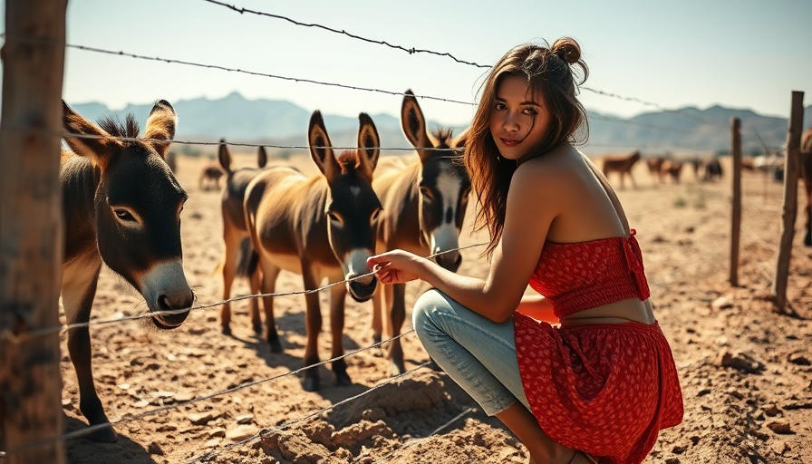 Woman feeding donkeys at Death Valley Marketplace with a scenic mountain backdrop.